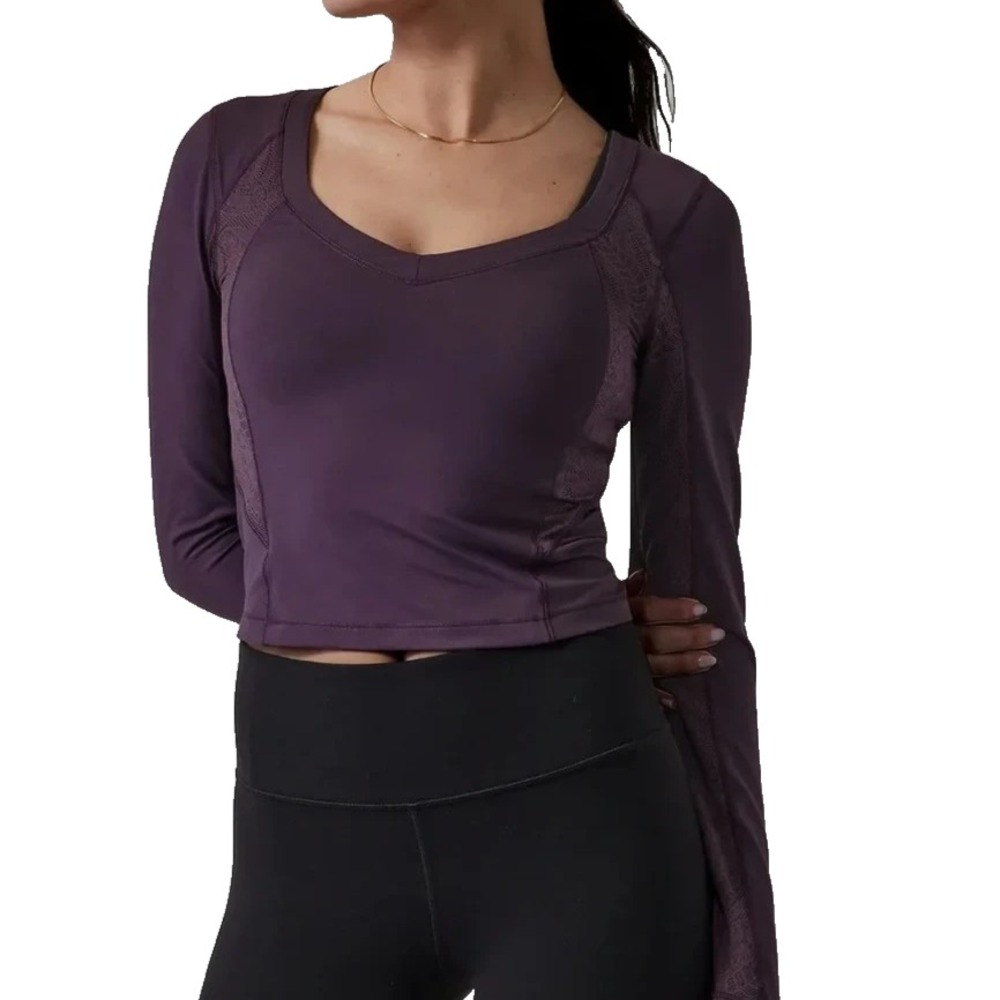 Athleta Crop Top Shanti Lace Long Sleeve Purple V-Neck Athletic